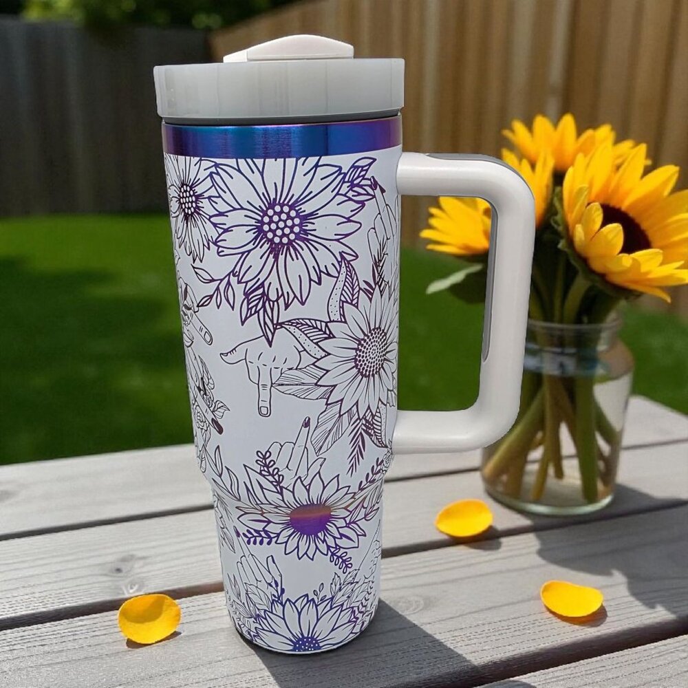 30oz White with Purple/Blue Sunflower Attitude Middle Finger Tumbler